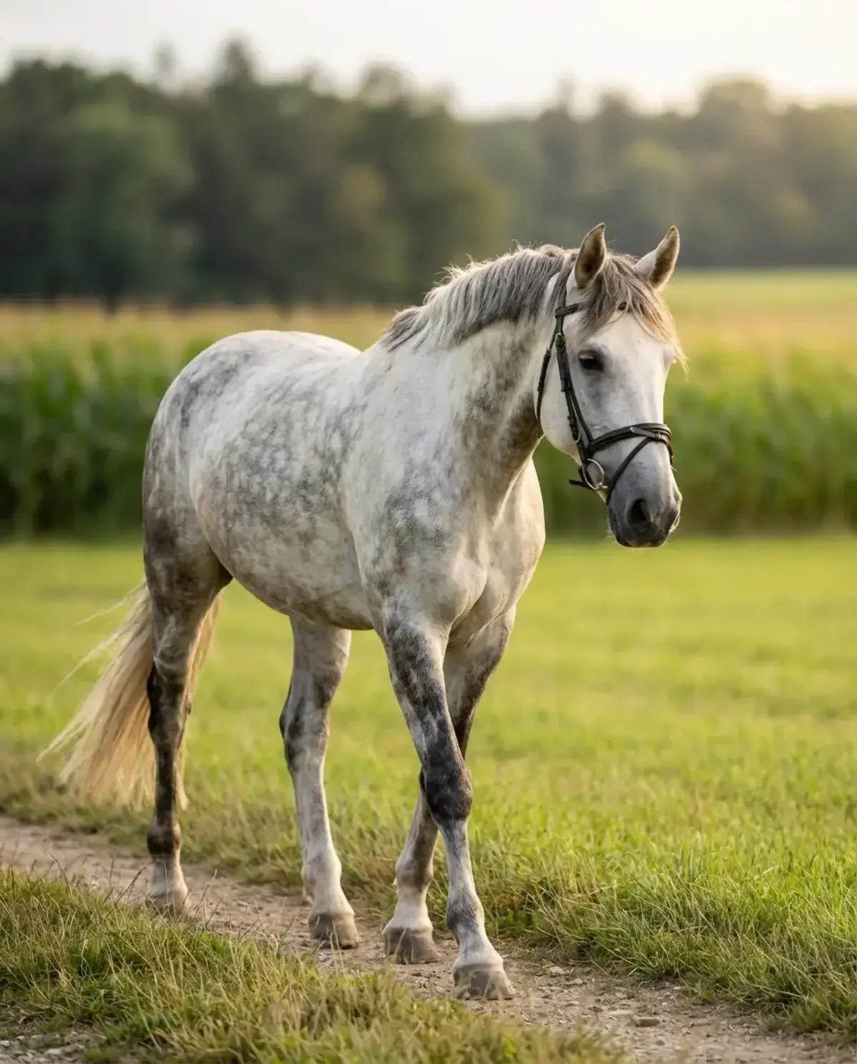 Apfelschimmel mit Trense auf einem Feldweg im Sommer
