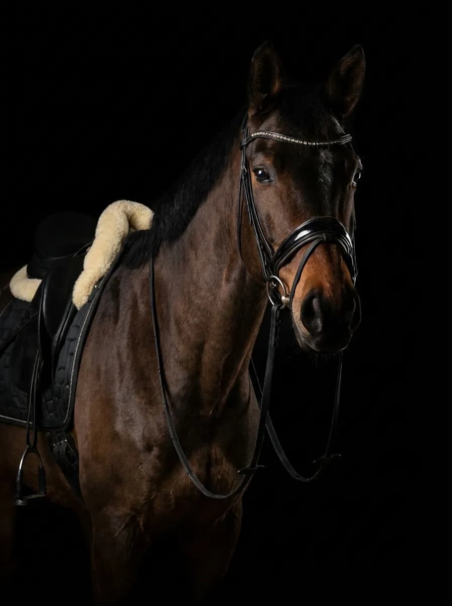 Braunes Pferd Nahportrait mit Strass und Lammfell im Studio