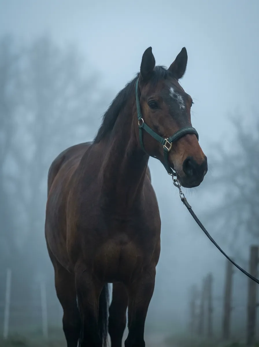 Braunes Pferd im Morgennebel mit Halfter