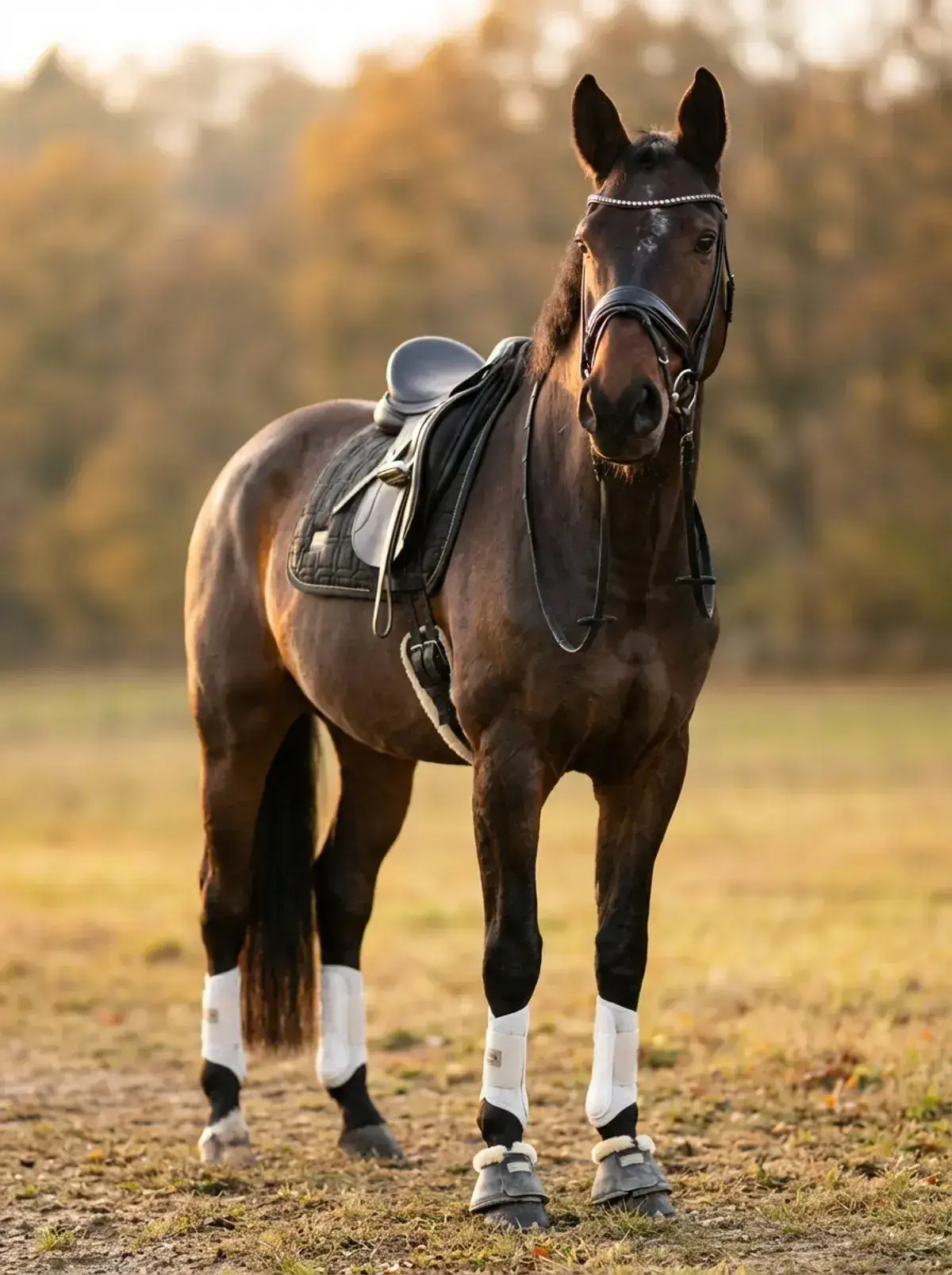 Dressurpferd im warmen Licht der goldenen Stunde