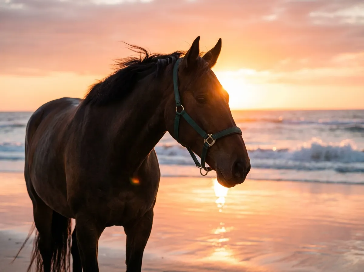 Pferd am Strand bei Sonnenuntergang – Pferdeportrait im Strandstil