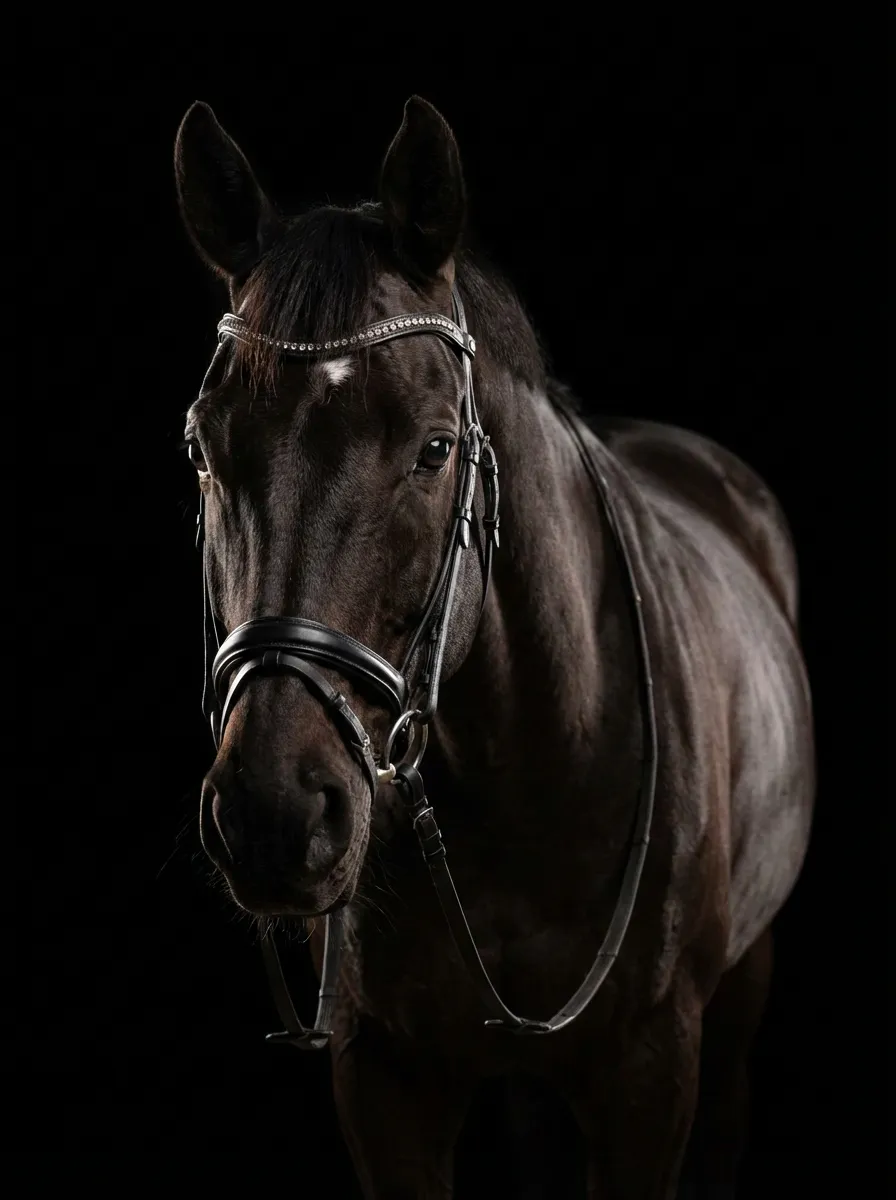 Rappe Portrait vor schwarzem Hintergrund — schwarzes Pferd im Studio