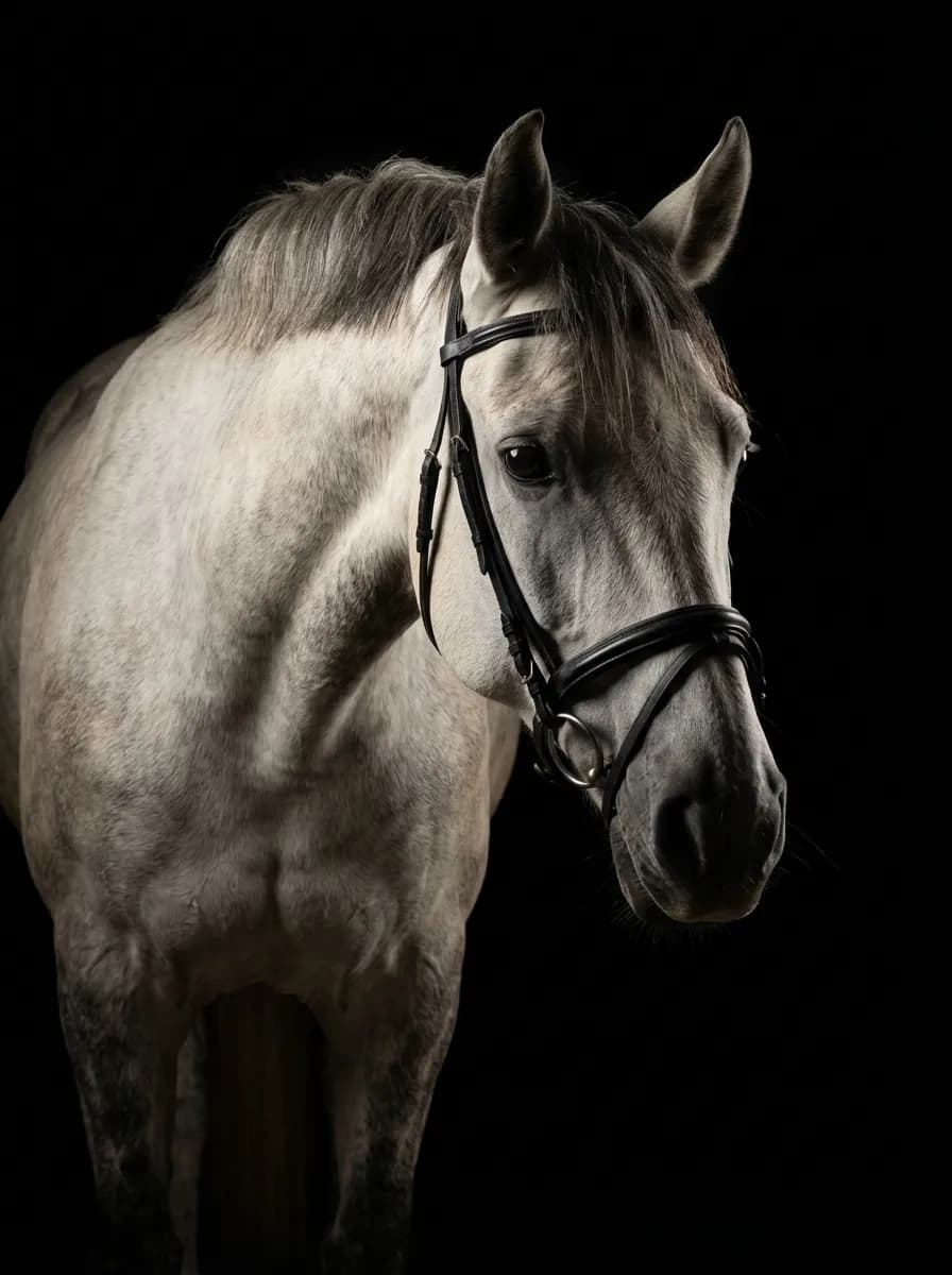 Schimmel-Portrait vor schwarzem Hintergrund — Pferdefoto Studio-Qualität