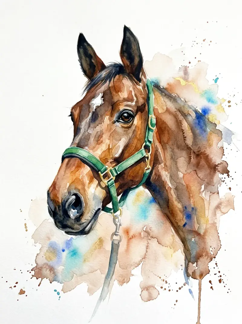Warmblut als Aquarell-Portrait in weichen Farben