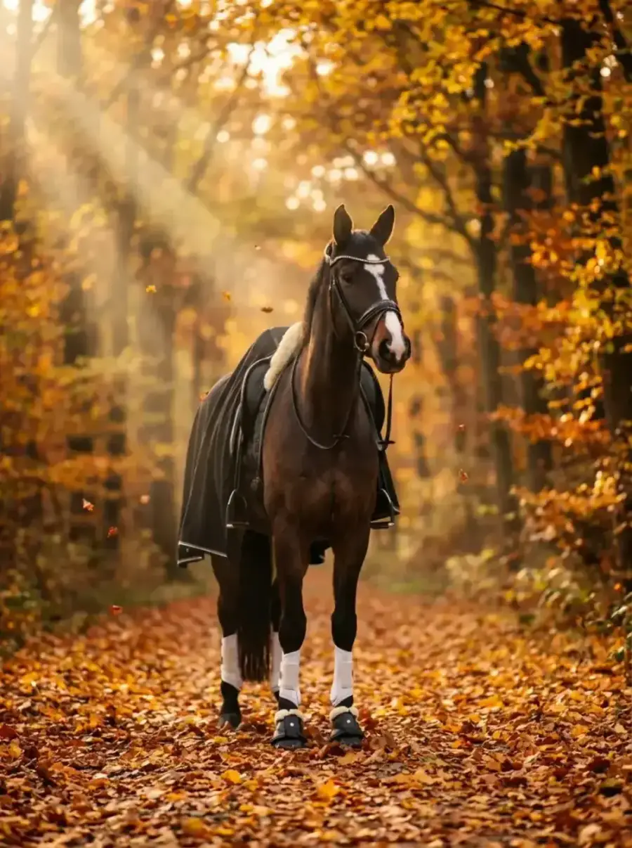 Braunes Pferd mit Abschwitzdecke und Bandagen im Herbstwald – stimmungsvolles Fotoshooting im Wald