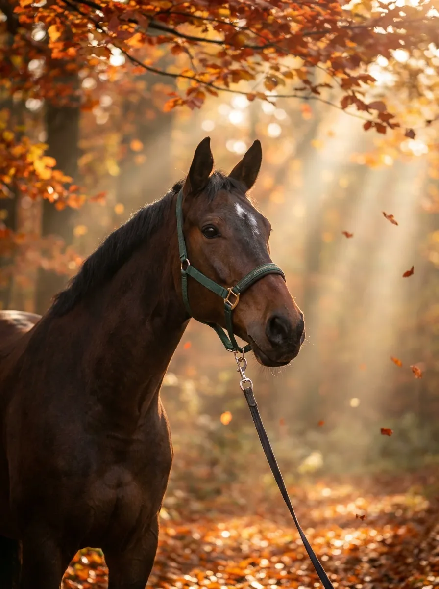 Braunes Pferd im Herbstwald mit Sonnenstrahlen zwischen den Bäumen – Fotoshooting im Wald