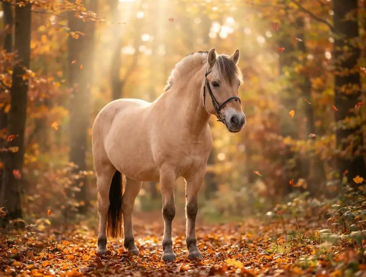 Fjordpferd mit Halfter im Herbstwald mit warmen Sonnenstrahlen – perfekte goldene Stunde für ein Fotoshooting im Wald