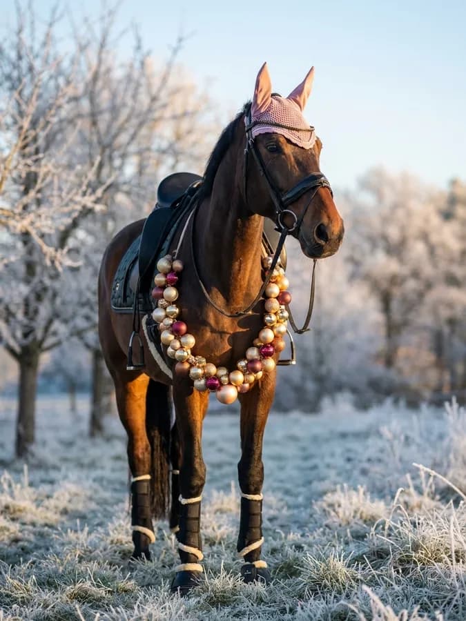 Braunes Pferd mit Kranz aus Christbaumkugeln auf bereifter Winterwiese