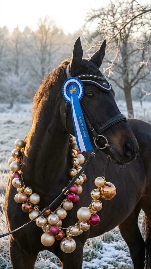 Rappe mit Weihnachtskranz aus Christbaumkugeln im Raureif