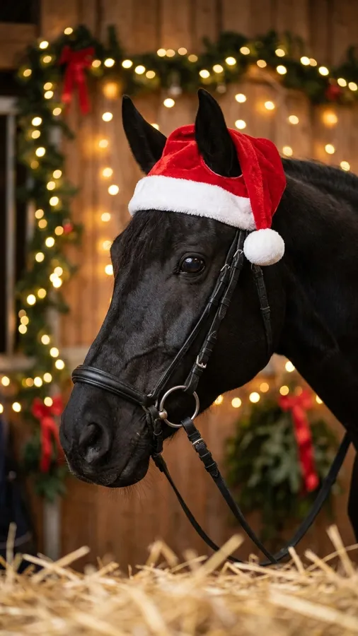 Rappe mit Weihnachtsmütze im Stall mit Lichterketten