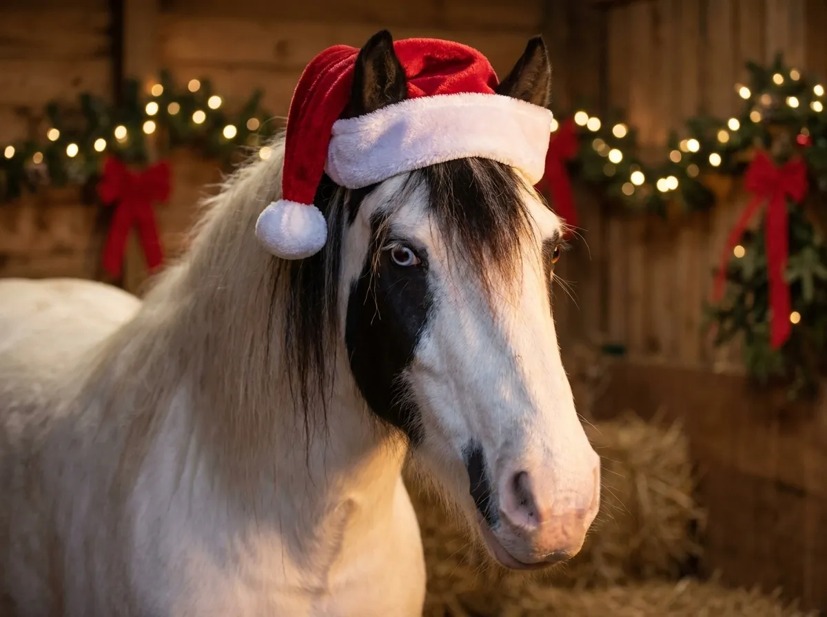 Schecke mit Weihnachtsmütze vor Tannengirlande und roten Schleifen