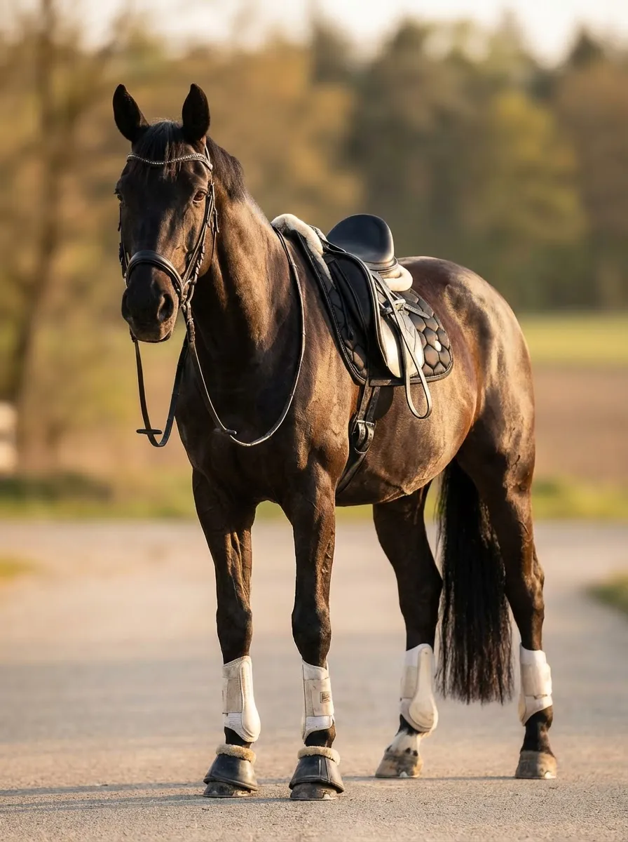 Goldene Stunde – Braune Stute mit Dressursattel, Gamaschen und Trense auf Weg im warmen Abendlicht