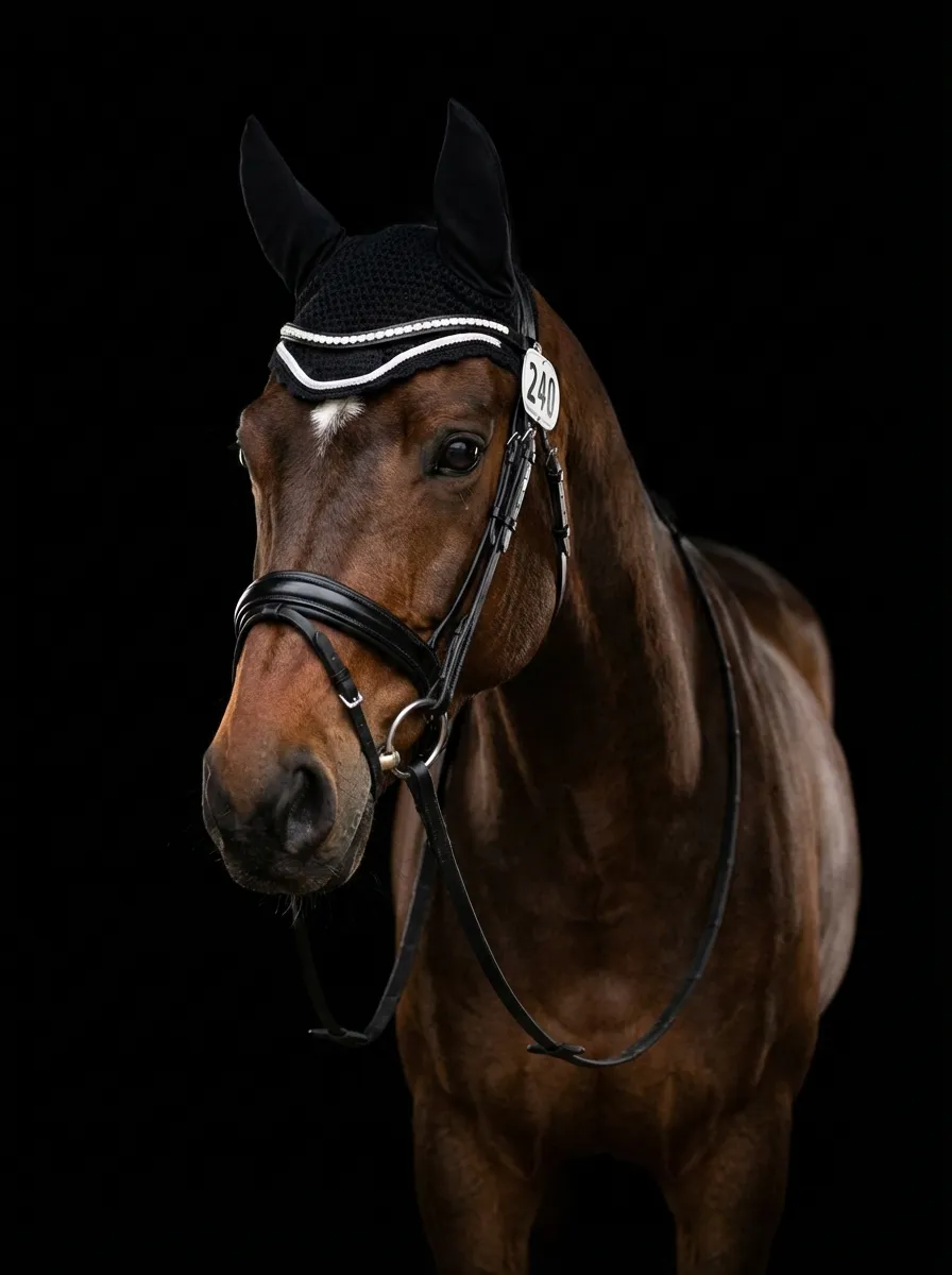 Studio Portrait – Braune Stute mit Trense, Fliegenhaube und Startnummer vor schwarzem Hintergrund