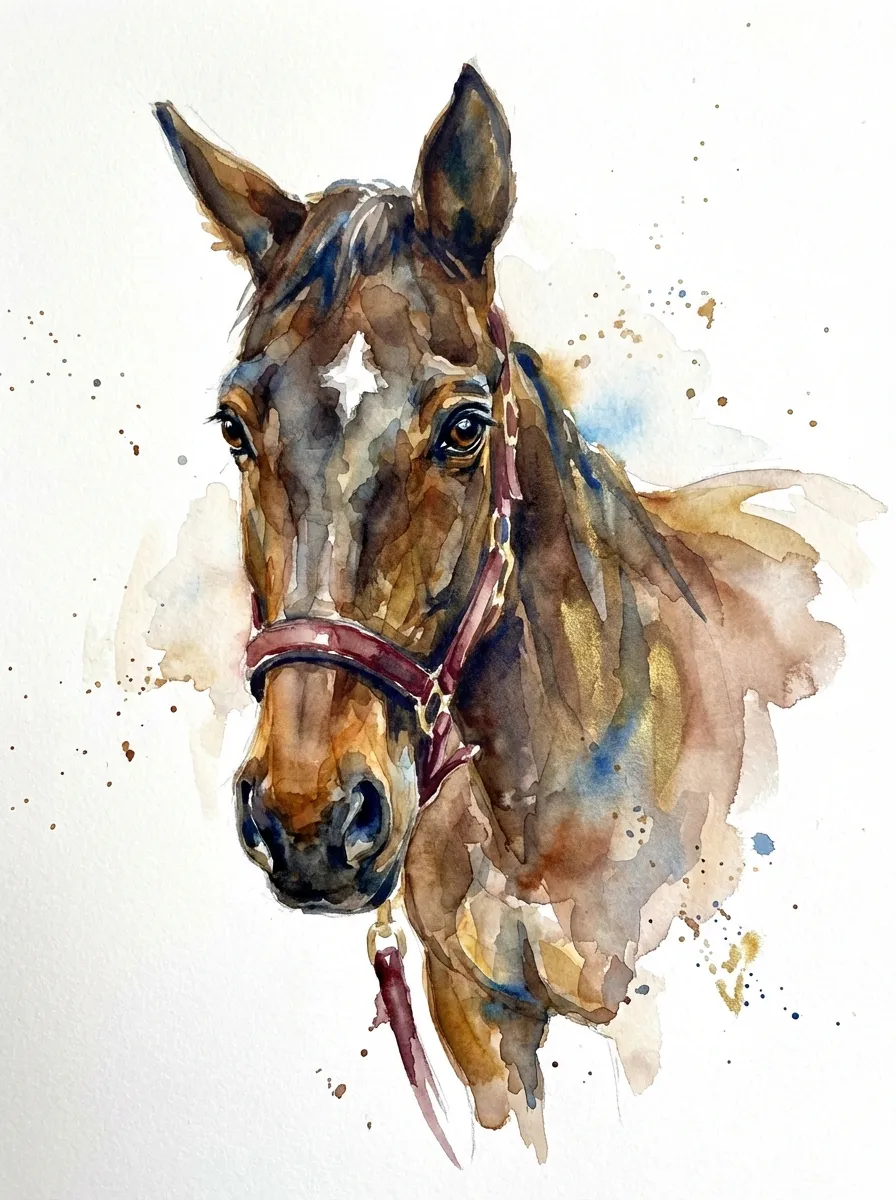 Aquarell – Brauner mit Blesse und rotem Halfter als Aquarell-Portrait mit warmen Farbspritzern