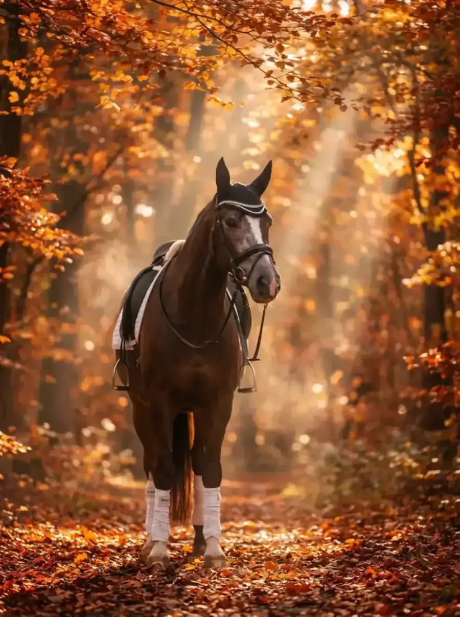 Herbst Romantik – Brauner mit Dressursattel, Fliegenhaube und Bandagen im goldenen Herbstwald mit fallendem Laub