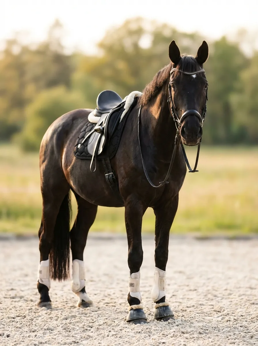 Goldene Stunde – Brauner mit Dressursattel und Gamaschen auf dem Reitplatz im Abendlicht
