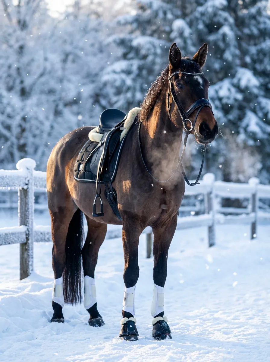 Winterzauber – Brauner mit Dressursattel, weißen Bandagen und Strass-Stirnriemen in verschneiter Winterlandschaft mit Schneefall
