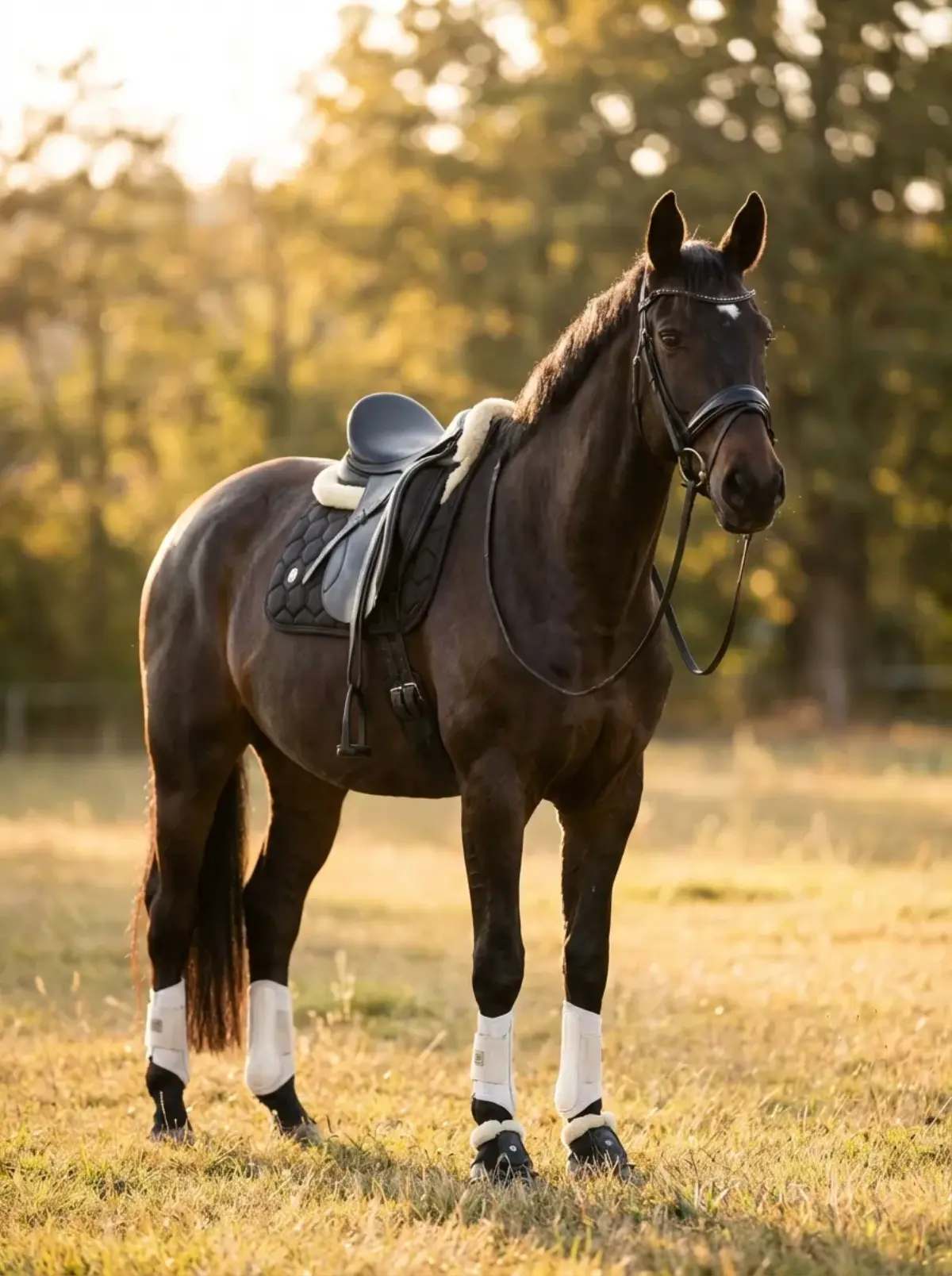 Goldene Stunde – Brauner mit Dressursattel und Gamaschen auf goldener Wiese im Abendlicht