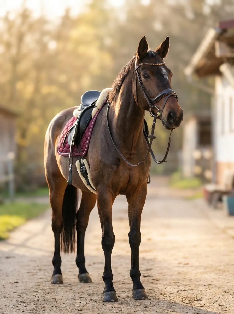 Goldene Stunde – Brauner mit Dressursattel und bordeaux Schabracke in der Stallgasse im Abendlicht