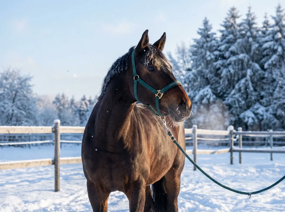 Winterzauber – Brauner mit grünem Halfter auf verschneiter Koppel vor Winterwald