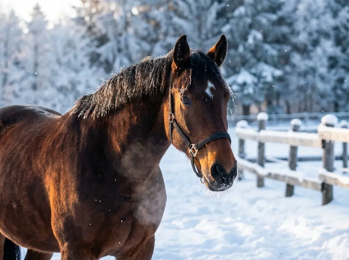Winterzauber – Brauner mit Halfter als Nahportrait im verschneiten Winter