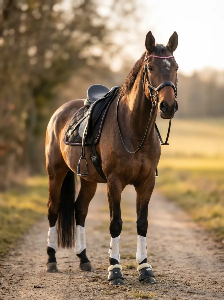 Goldene Stunde – Brauner mit Sattel und weißen Gamaschen auf dem Feldweg im Abendlicht