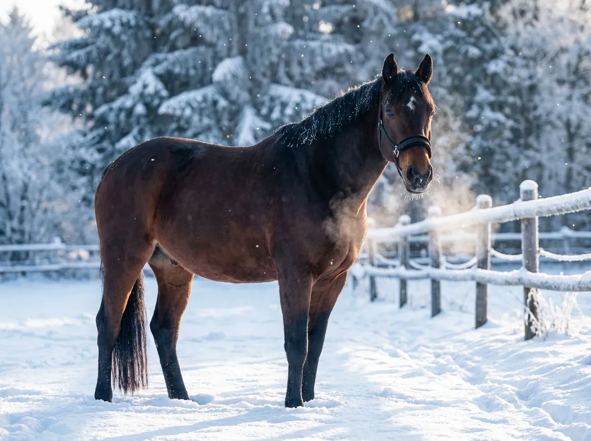 Winterzauber – Brauner auf verschneiter Koppel in winterlicher Schneelandschaft
