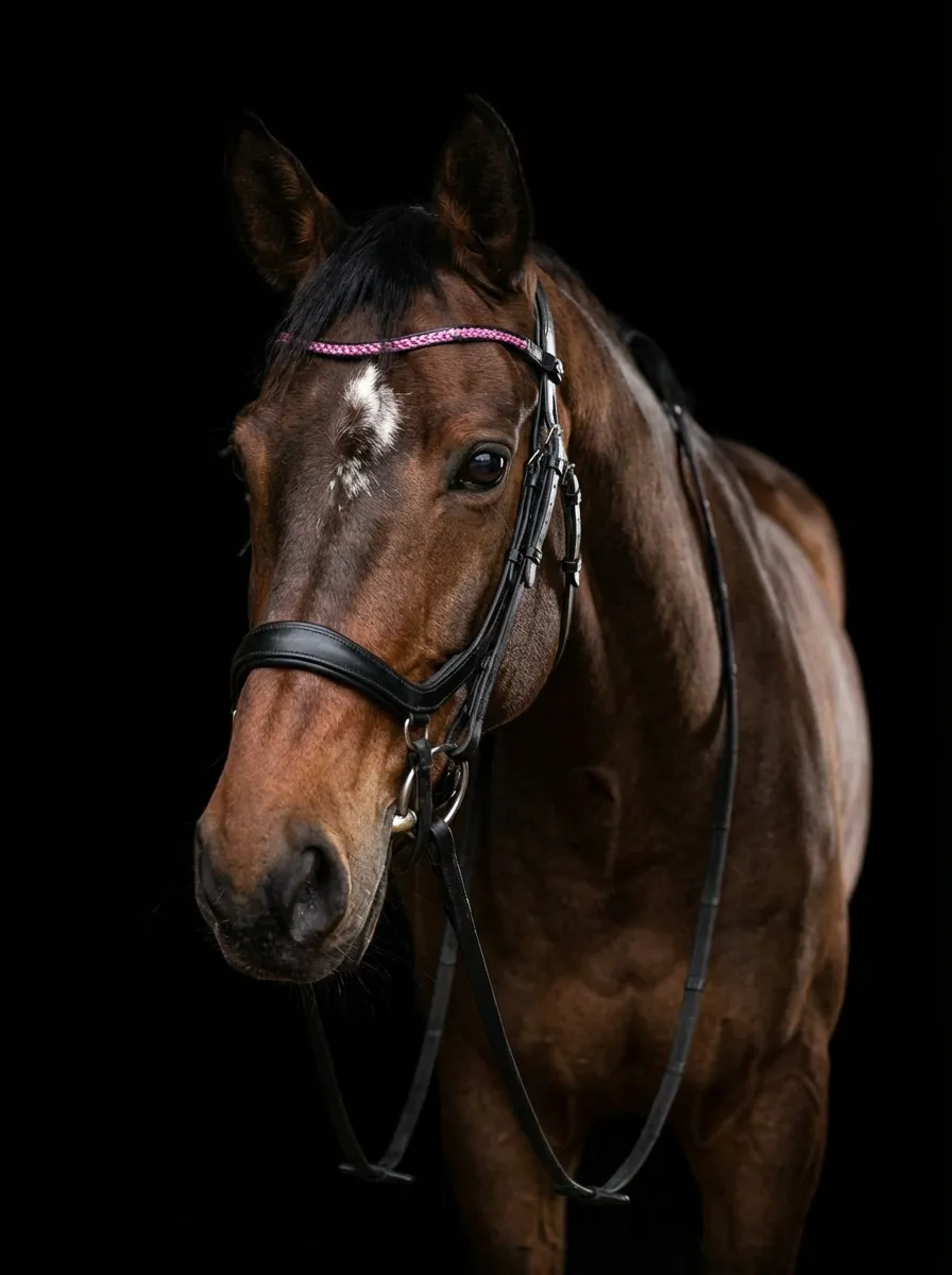 Studio Portrait – Brauner mit Trense und rosa Stirnband vor schwarzem Hintergrund
