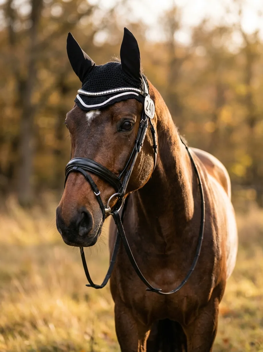 Goldene Stunde – Braunes Dressurpferd mit Fliegenhaube und Strass-Stirnriemen im warmen Abendlicht