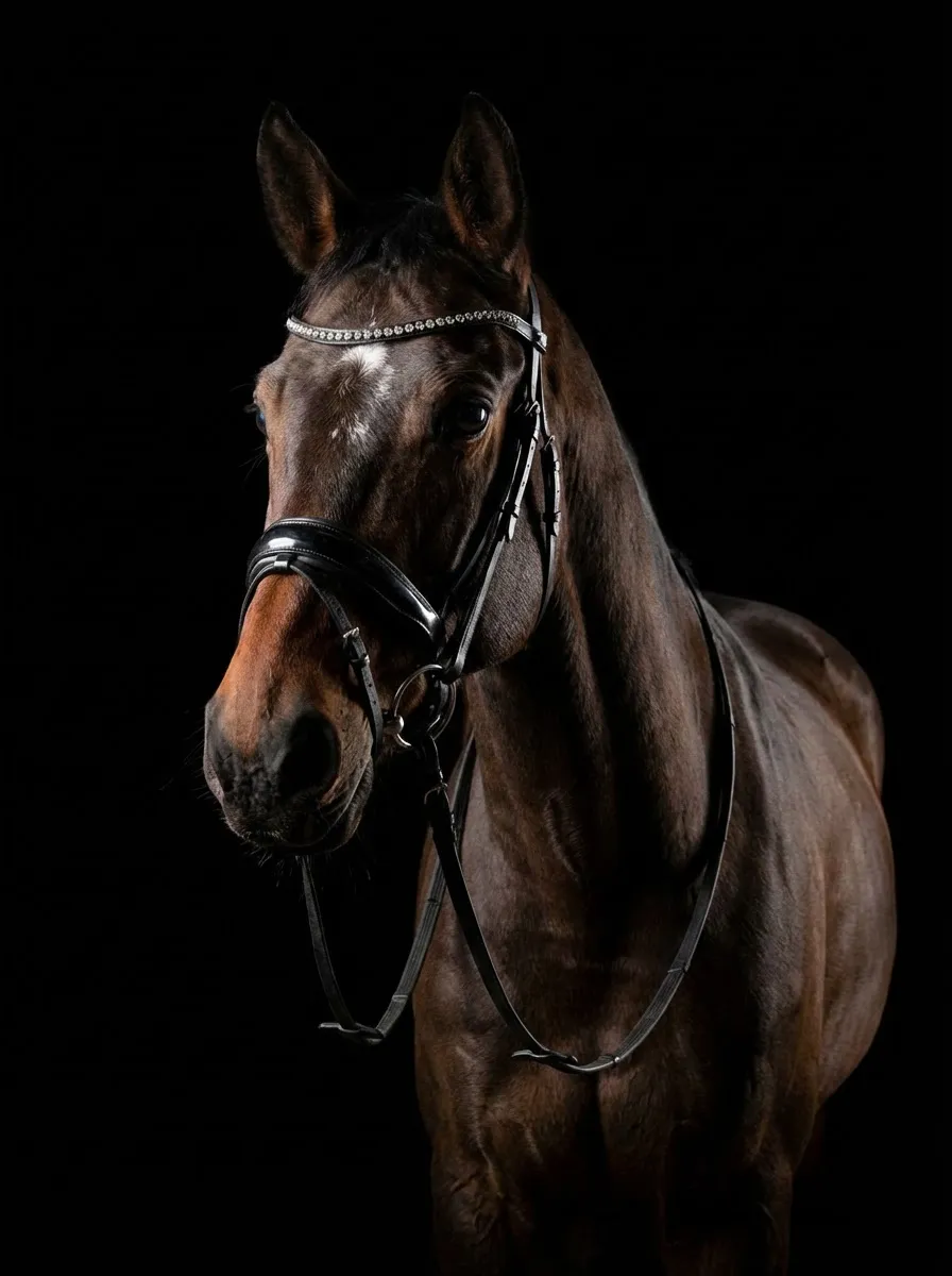 Studio Portrait – Braunes Warmblut vor schwarzem Hintergrund mit Strass-Stirnriemen