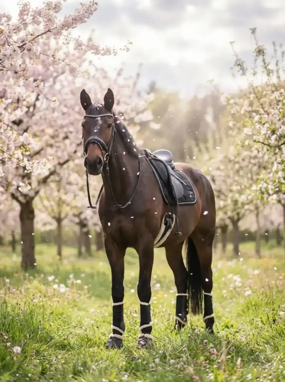 Frühlingsblüte – Braunes Warmblut unter blühenden Kirschbäumen mit Blütenblättern
