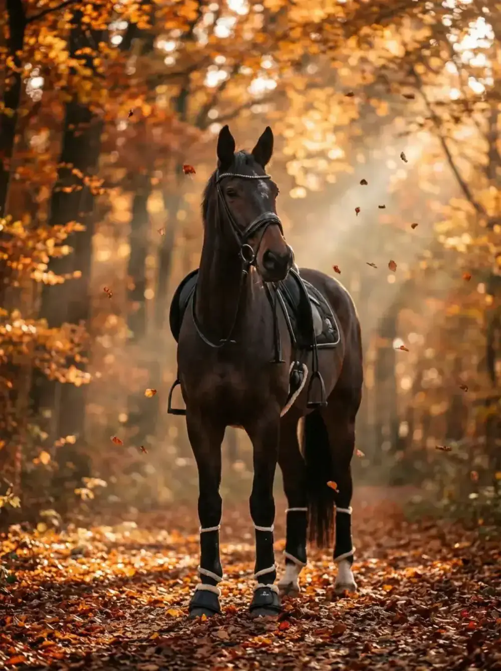 Herbst Romantik – Braunes Warmblut im bunten Herbstwald mit fallendem Laub
