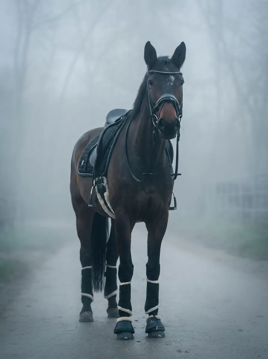 Nebel & Mystik – Braunes Warmblut im geheimnisvollen Morgennebel mit Bandagen