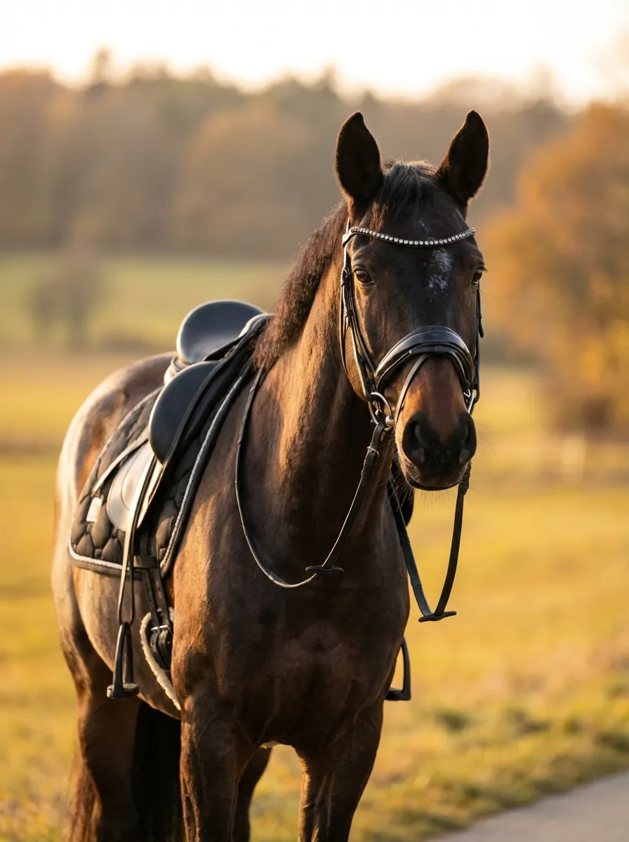 Goldene Stunde – Braunes Warmblut im warmen Abendlicht mit Sattel