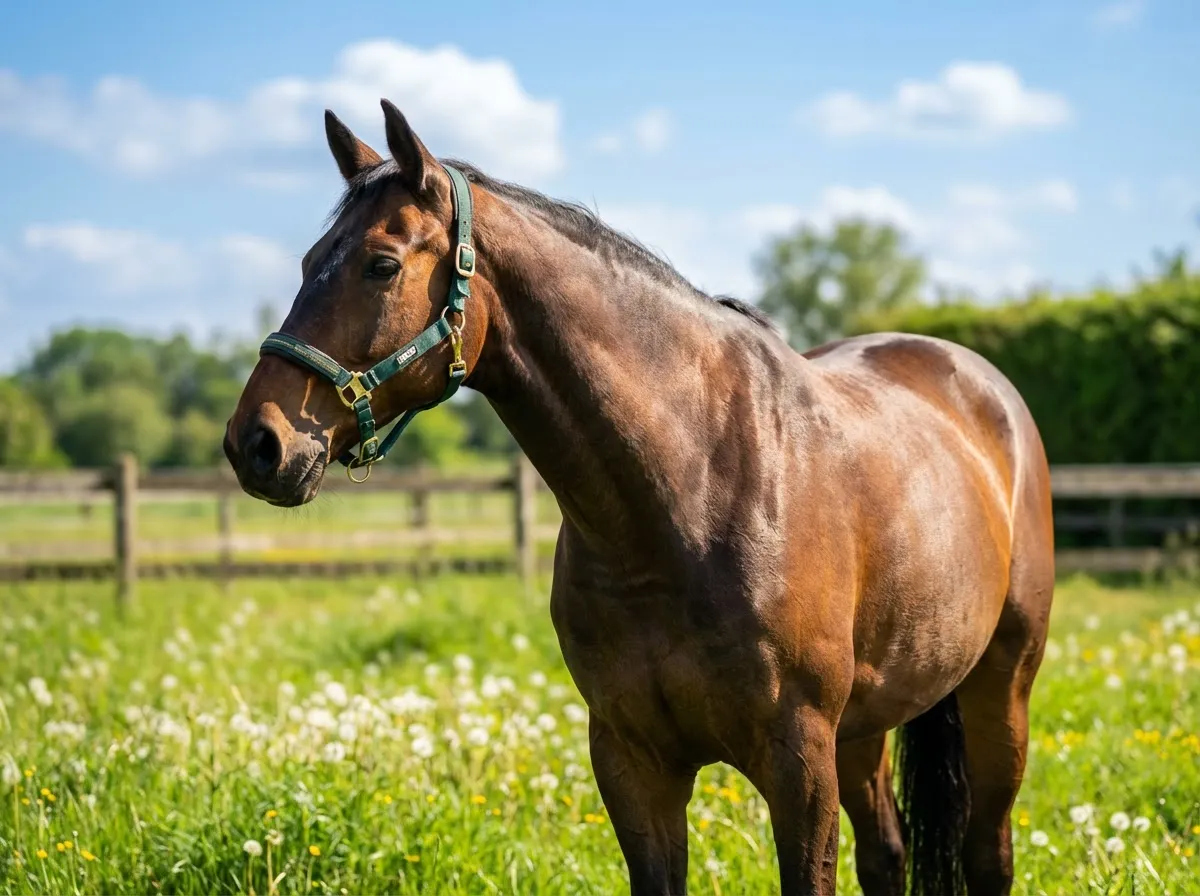 Sommerweide – Braunes Warmblut auf saftig grüner Koppel im Sonnenschein