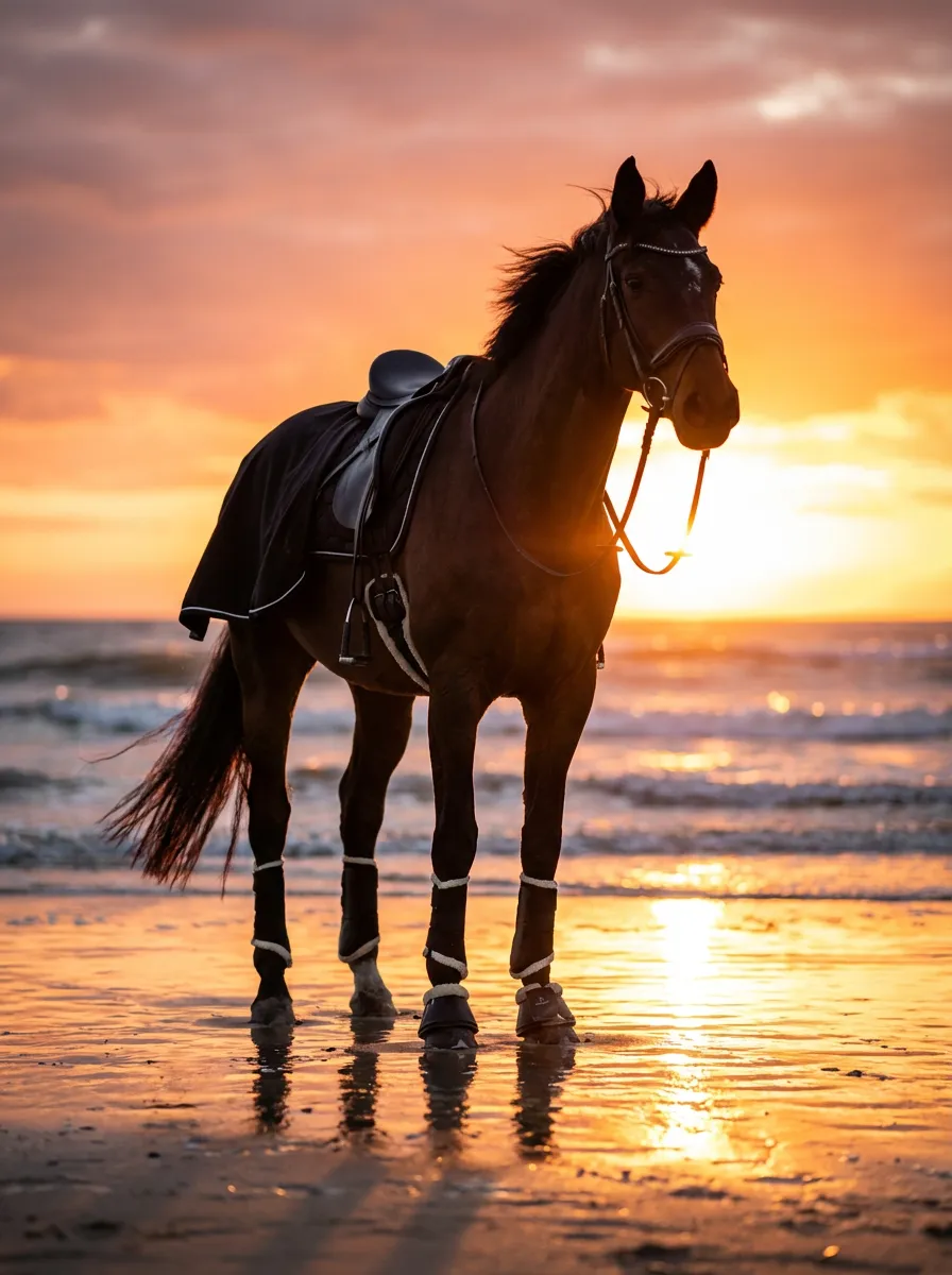 Strand & Meer – Braunes Warmblut am Strand bei dramatischem Sonnenuntergang