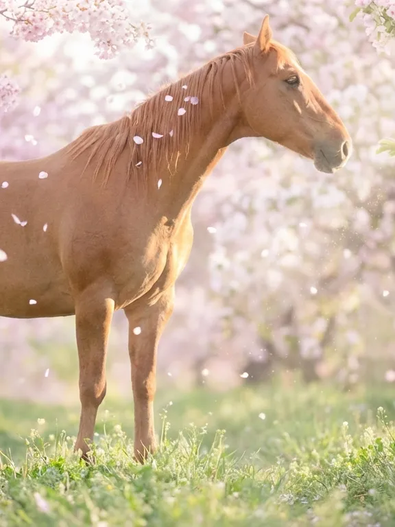 Frühlingsblüte – Fuchs zwischen blühenden Kirschbäumen mit fallenden Blütenblättern auf grüner Wiese