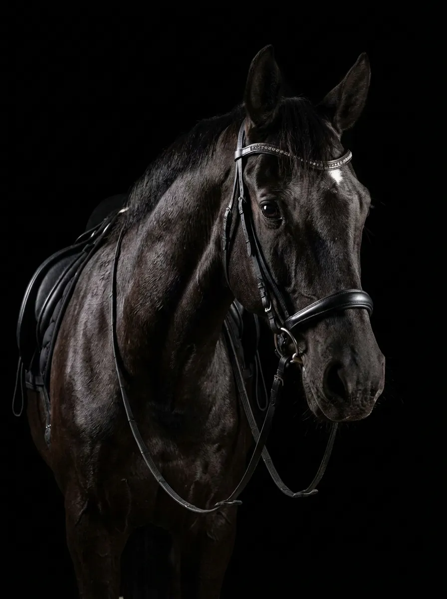 Studio Portrait – Rappe mit Dressursattel und Strass-Stirnriemen vor schwarzem Hintergrund