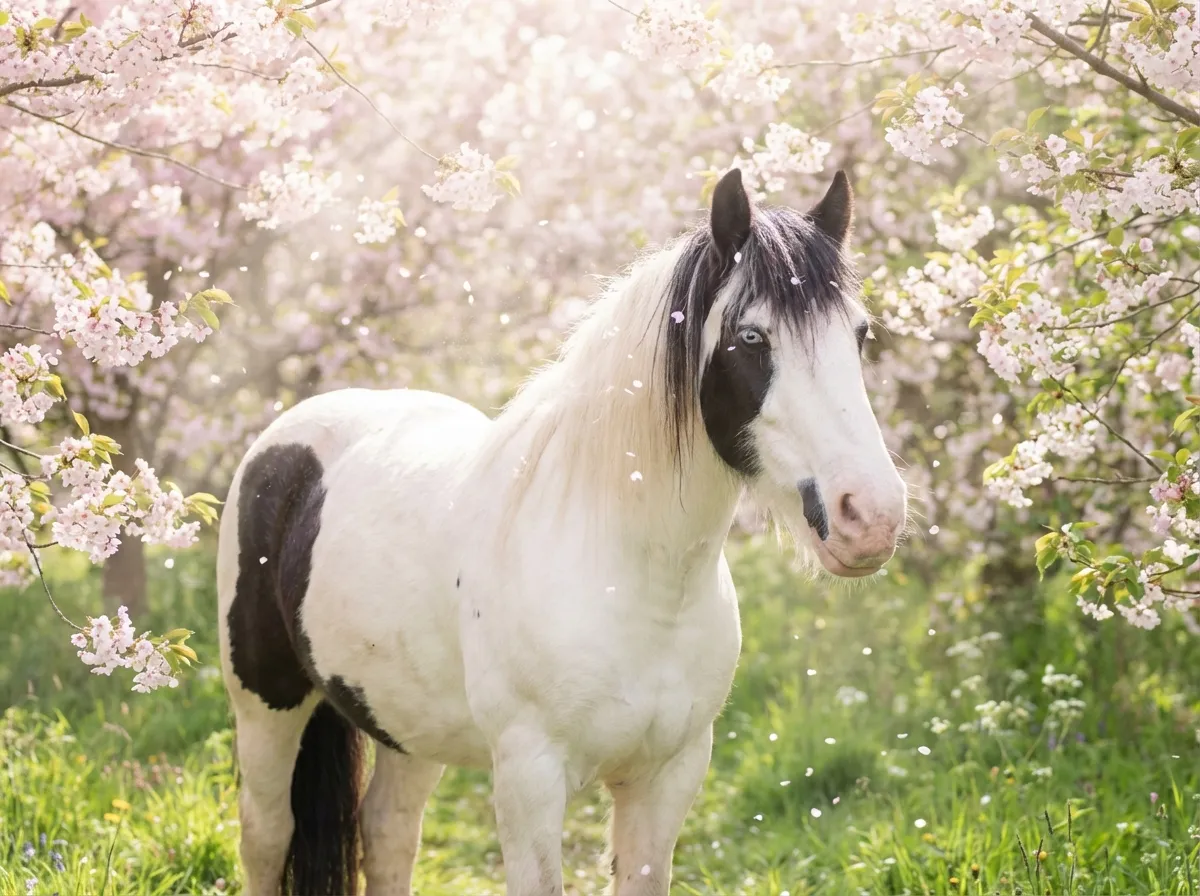 Frühlingsblüte – Schwarz-weißer Schecke zwischen blühenden Kirschbäumen mit fallenden Blütenblättern auf grüner Wiese