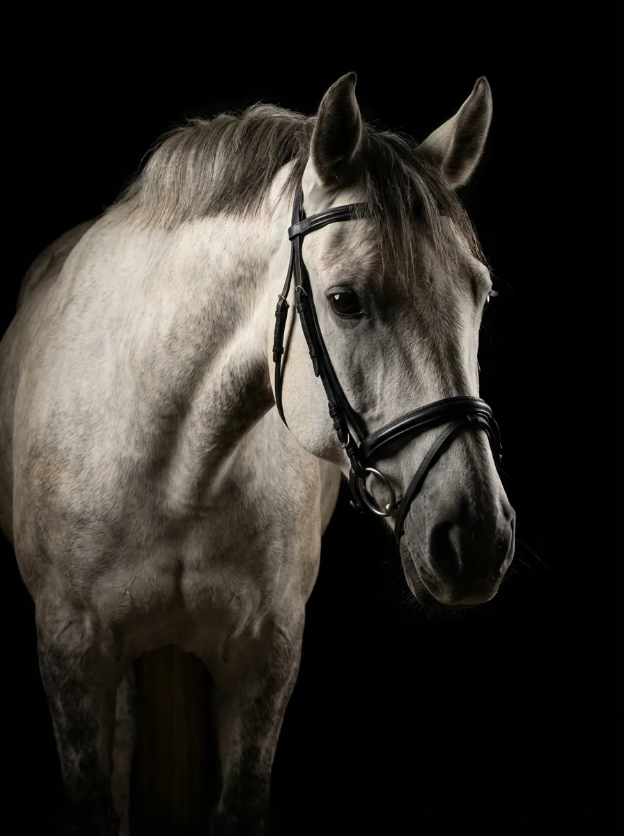 Studio Portrait – Grauer Schimmel mit Trense vor schwarzem Hintergrund